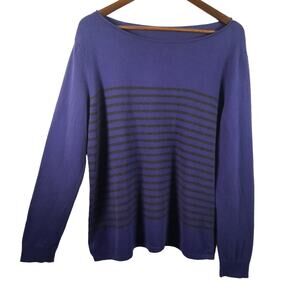 Eileen Fisher Blue Striped Cotton Boatneck Sweater Women M L Classic Minimalist